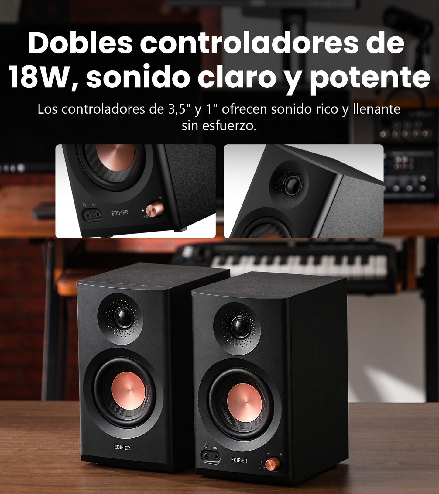 Edifier MR3 – Altavoces de Estantería Activos, Bluetooth 5.4, Hi-Res Audio 2.0, Entrada TRS/RCA/AUX, Negro
