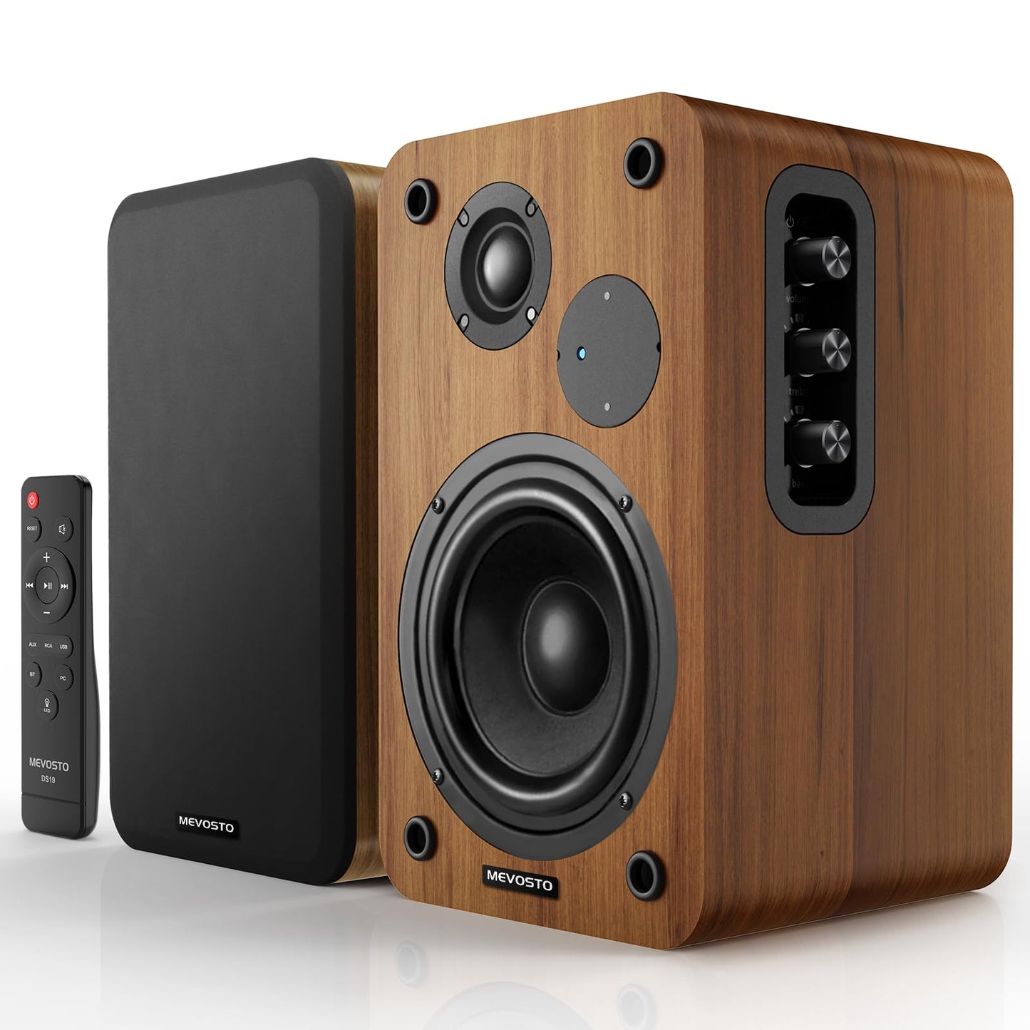 Altavoces de Estantería MEVOSTO DS19 – 36W RMS, Bluetooth 5.4, Graves y Agudos Ajustables, Madera Marrón