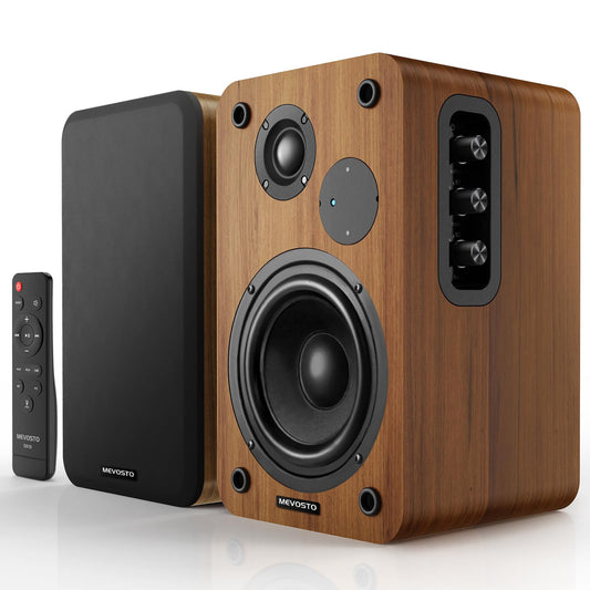 Altavoces de Estantería MEVOSTO DS19 – 36W RMS, Bluetooth 5.4, Graves y Agudos Ajustables, Madera Marrón