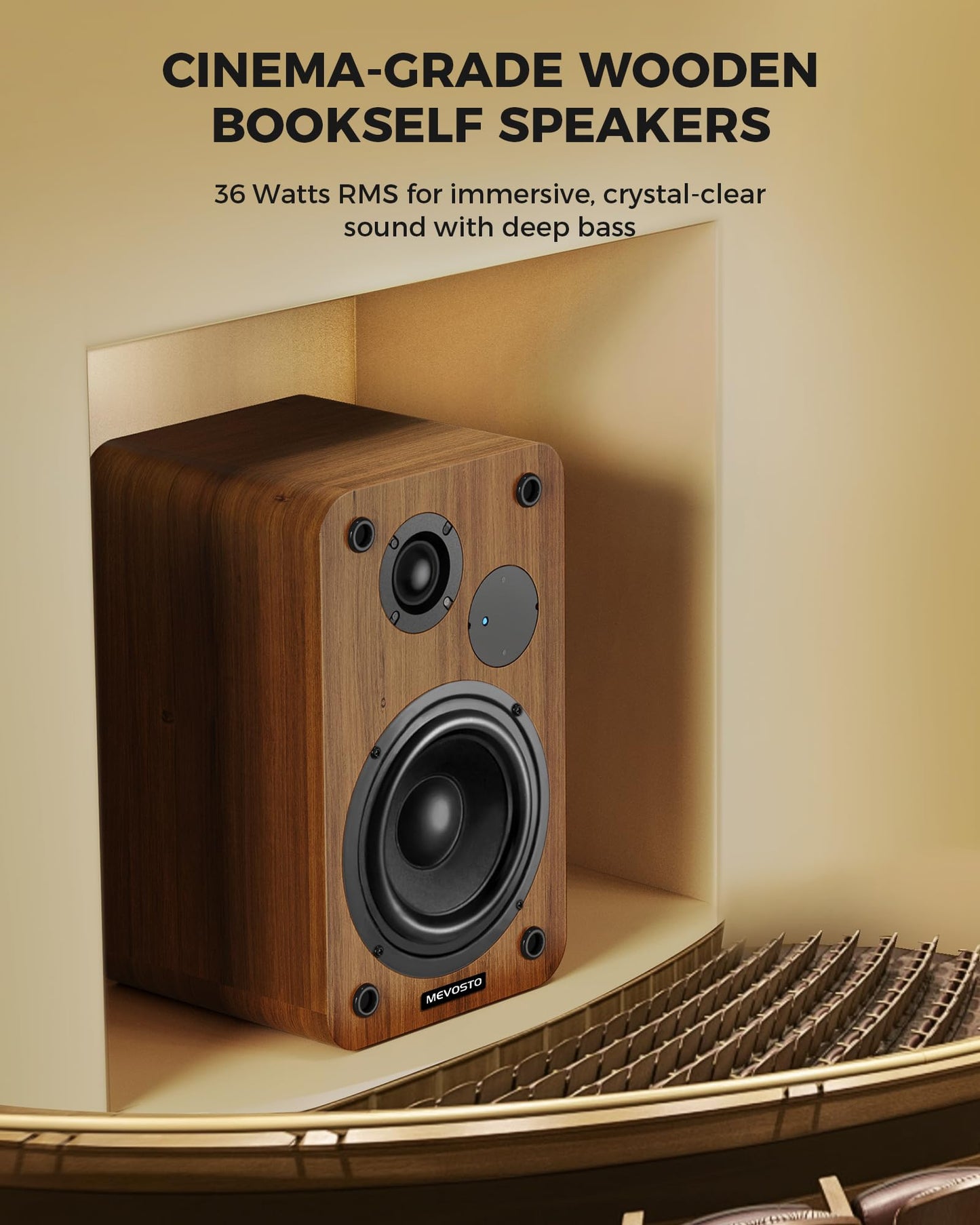 Altavoces de Estantería MEVOSTO DS19 – 36W RMS, Bluetooth 5.4, Graves y Agudos Ajustables, Madera Marrón