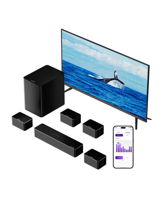 ULTIMEA 7.1 Barra de Sonido TV, Sistema de Sonido Envolvente Virtual, Control por App, 410W, Barra Sonido con Subwoofer y 4 Altavoces Envolventes, Bluetooth 5.3, Poseidon D70