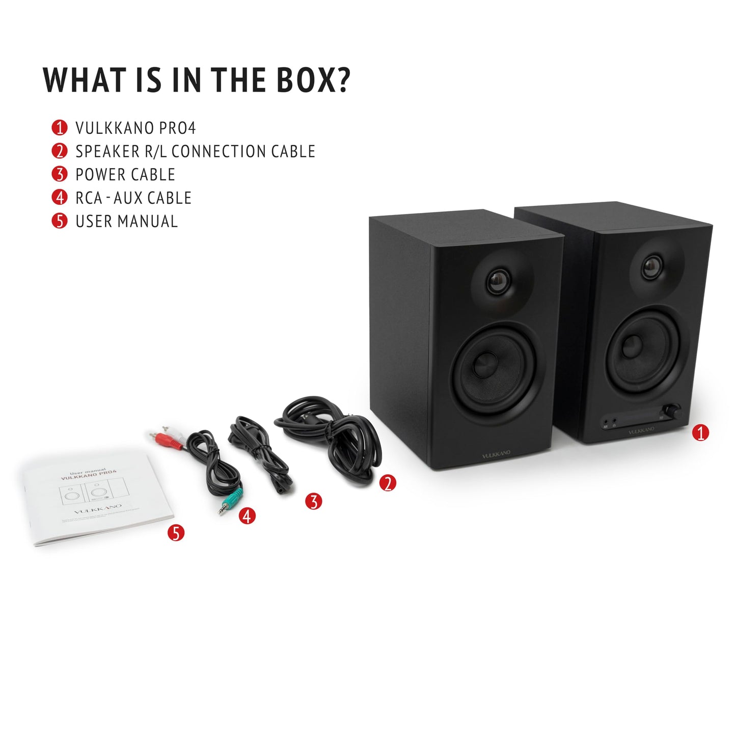 Monitores de Estudio VULKKANO PRO4 – Woofer 4”, Bluetooth, TRS/RCA/AUX, Salida Auriculares, Ajustes EQ, Negro