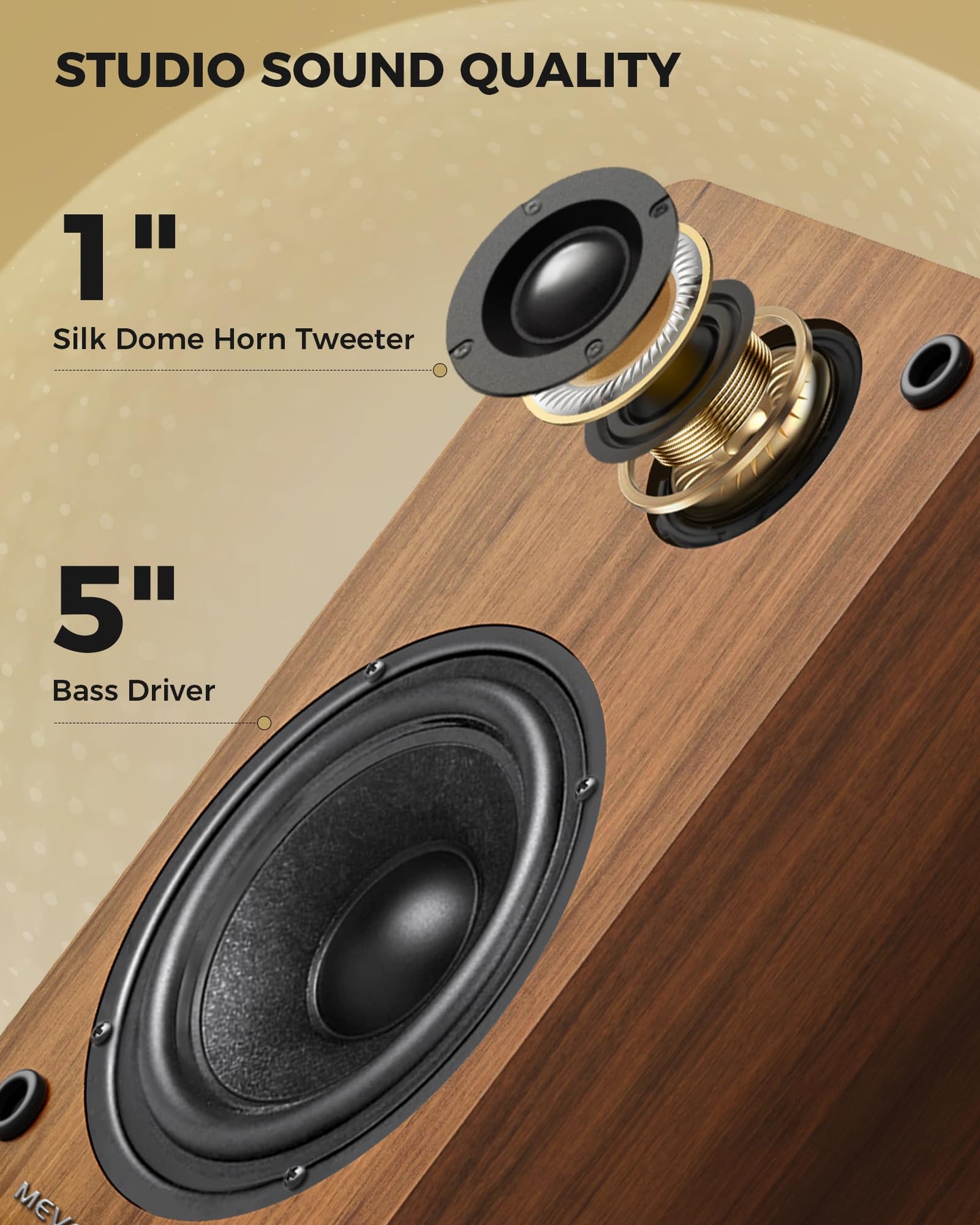 Altavoces de Estantería MEVOSTO DS19 – 36W RMS, Bluetooth 5.4, Graves y Agudos Ajustables, Madera Marrón