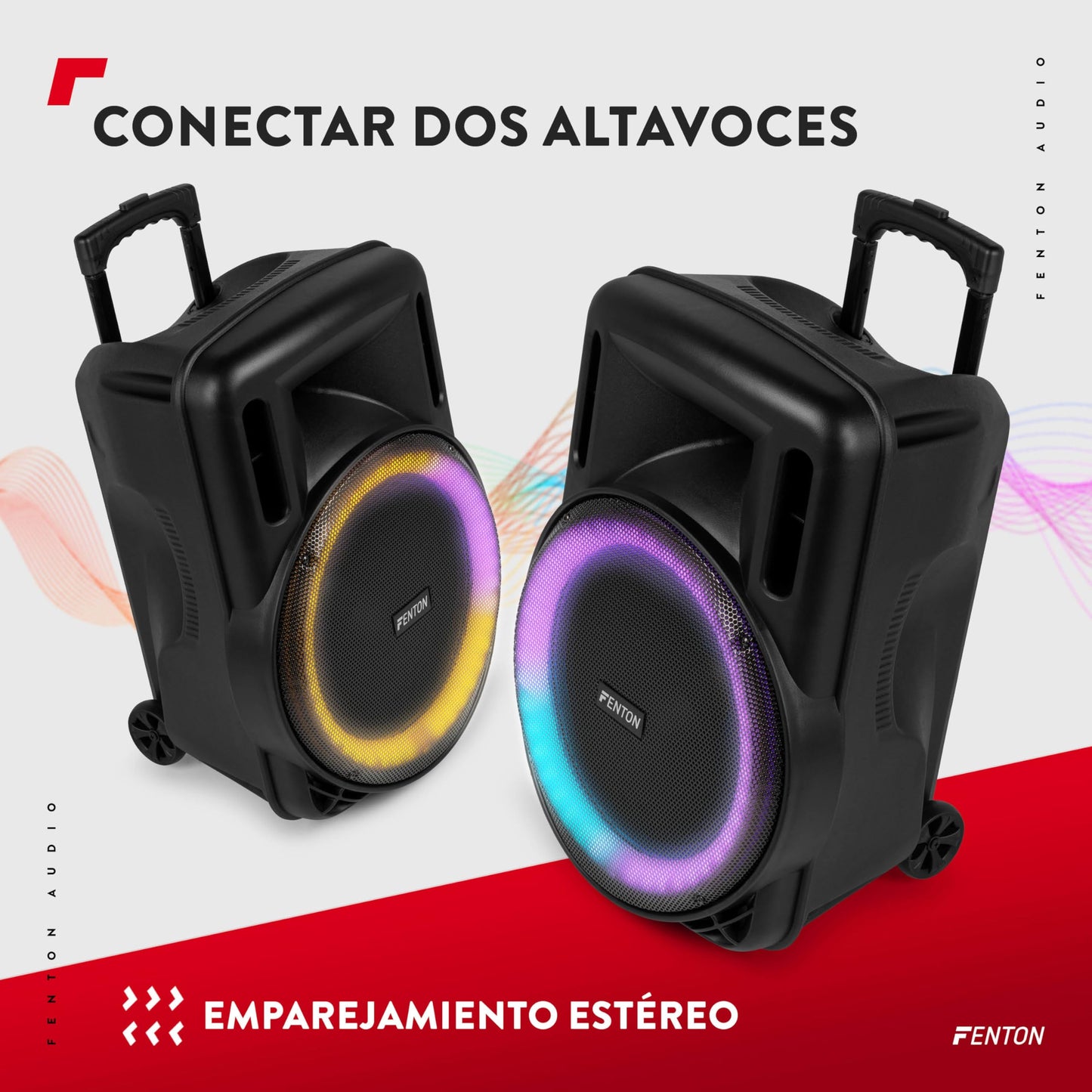 Fenton FT15LED MK2 - Altavoz Activo portatil, 15” 800W Bluetooth, USB, SD, micrófono inalámbrico UHF, Woofer LED, batería, Entrada aux, Talkover, Control Remoto, Trolley, emparejamiento estéreo