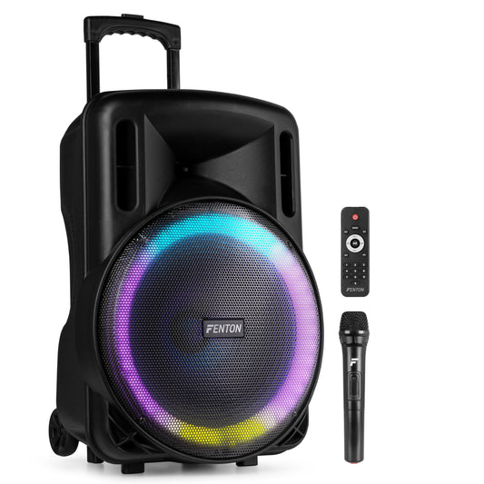 Fenton FT15LED MK2 - Altavoz Activo portatil, 15” 800W Bluetooth, USB, SD, micrófono inalámbrico UHF, Woofer LED, batería, Entrada aux, Talkover, Control Remoto, Trolley, emparejamiento estéreo