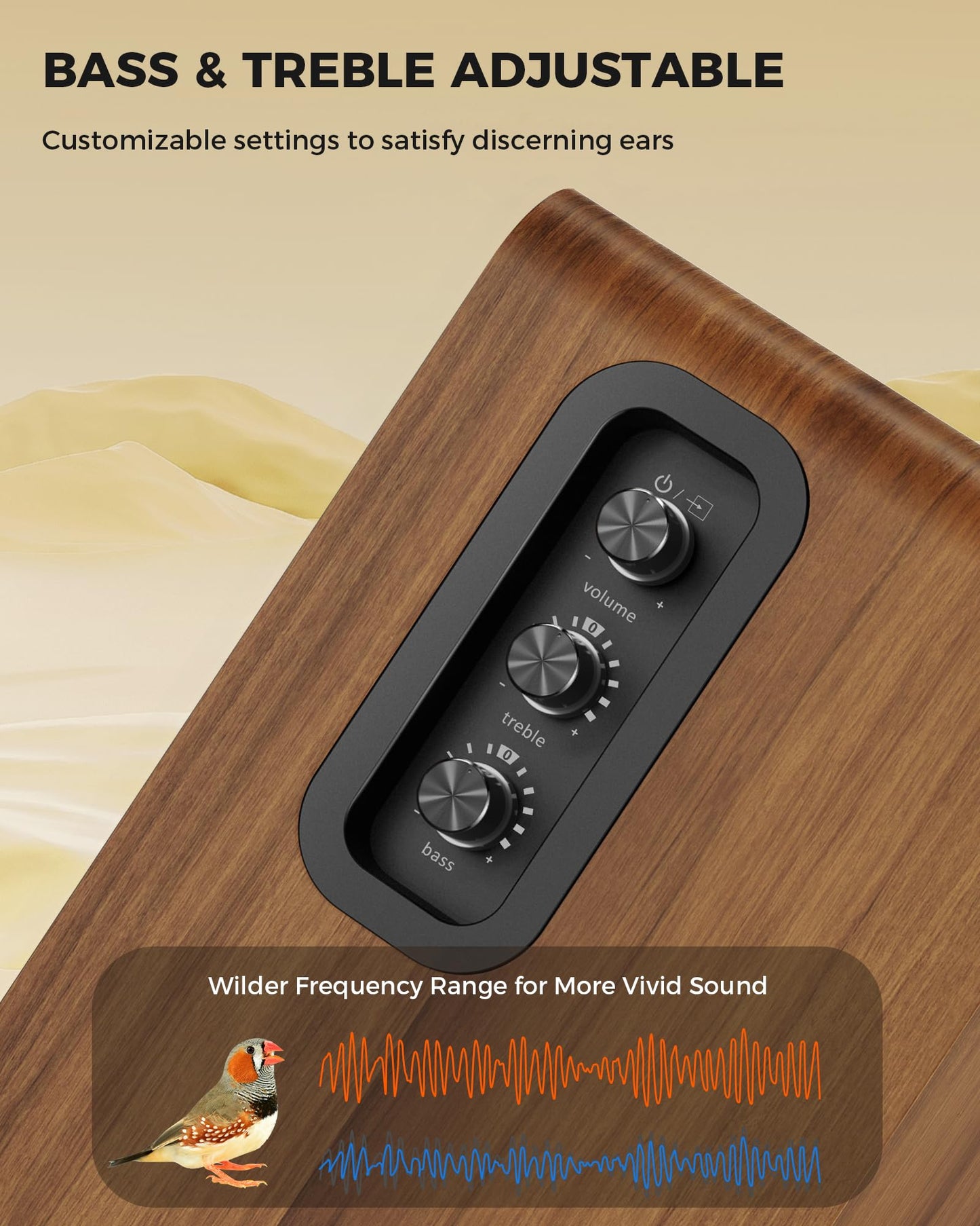 Altavoces de Estantería MEVOSTO DS19 – 36W RMS, Bluetooth 5.4, Graves y Agudos Ajustables, Madera Marrón