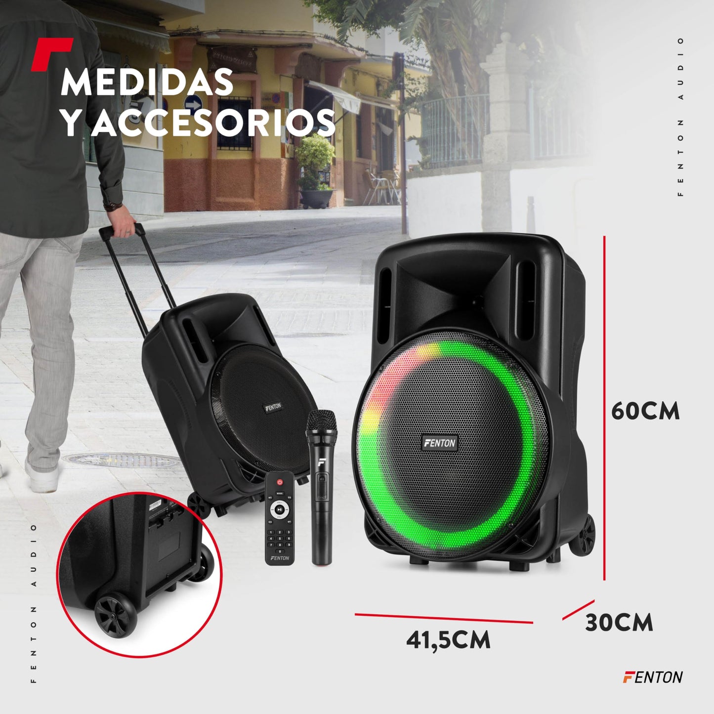 Fenton FT15LED MK2 - Altavoz Activo portatil, 15” 800W Bluetooth, USB, SD, micrófono inalámbrico UHF, Woofer LED, batería, Entrada aux, Talkover, Control Remoto, Trolley, emparejamiento estéreo