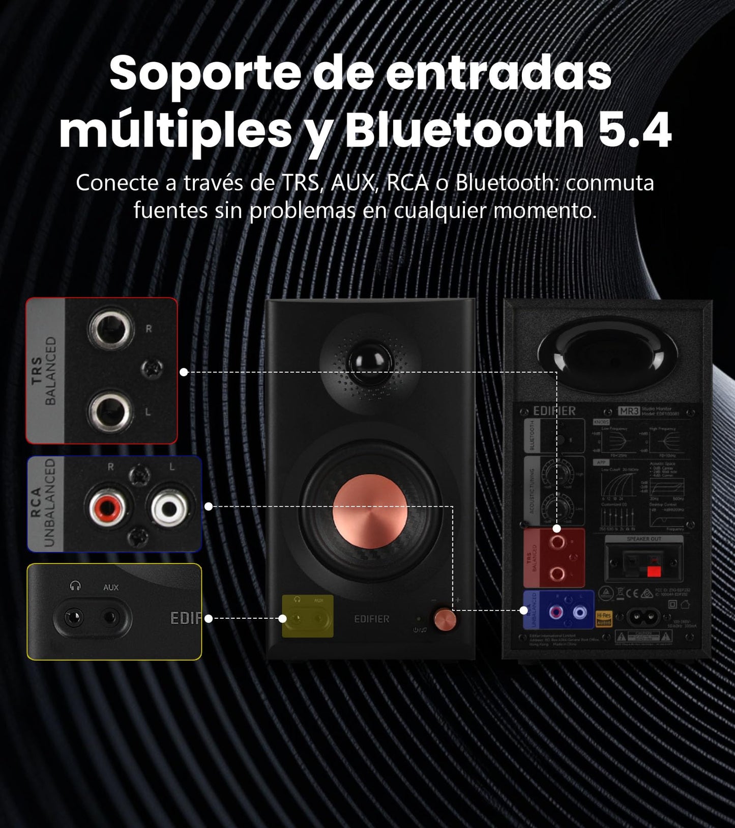 Edifier MR3 – Altavoces de Estantería Activos, Bluetooth 5.4, Hi-Res Audio 2.0, Entrada TRS/RCA/AUX, Negro