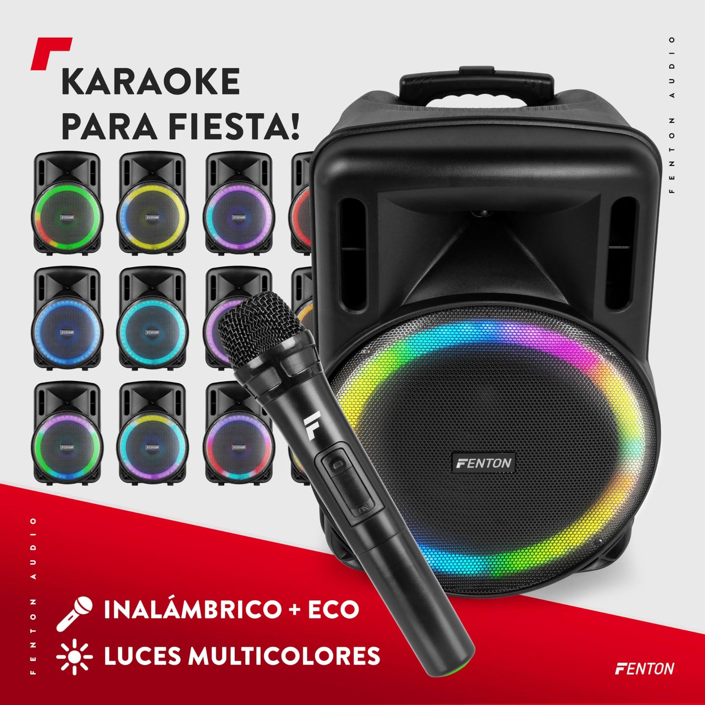 Fenton FT15LED MK2 - Altavoz Activo portatil, 15” 800W Bluetooth, USB, SD, micrófono inalámbrico UHF, Woofer LED, batería, Entrada aux, Talkover, Control Remoto, Trolley, emparejamiento estéreo