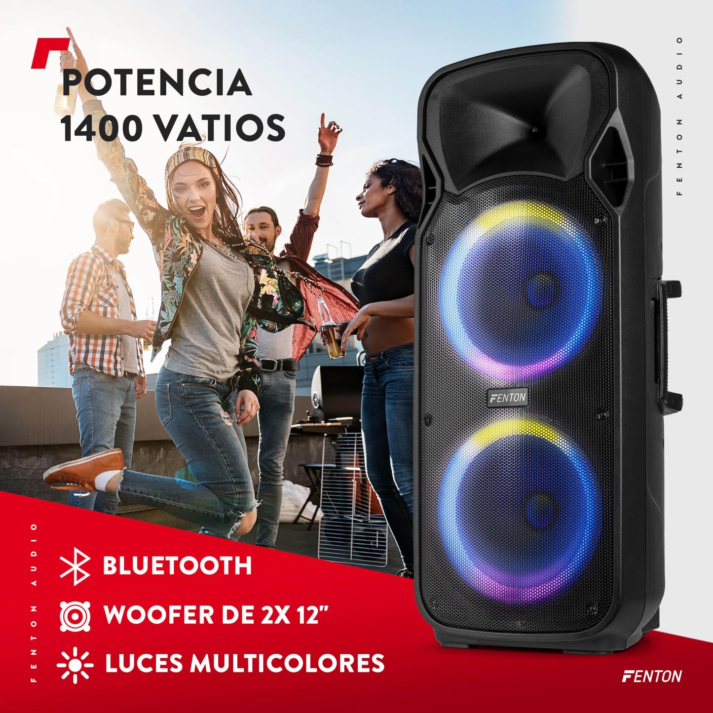 Fenton FT212LED MK2 - Altavoz Activo portátil de 1400W, 2 x 12”, Bluetooth, batería, USB, SD, 2 micrófonos inalámbricos, Luces LED, Entrada Auxiliar, Entrada de Guitarra, Salida RCA, Trolley portátil